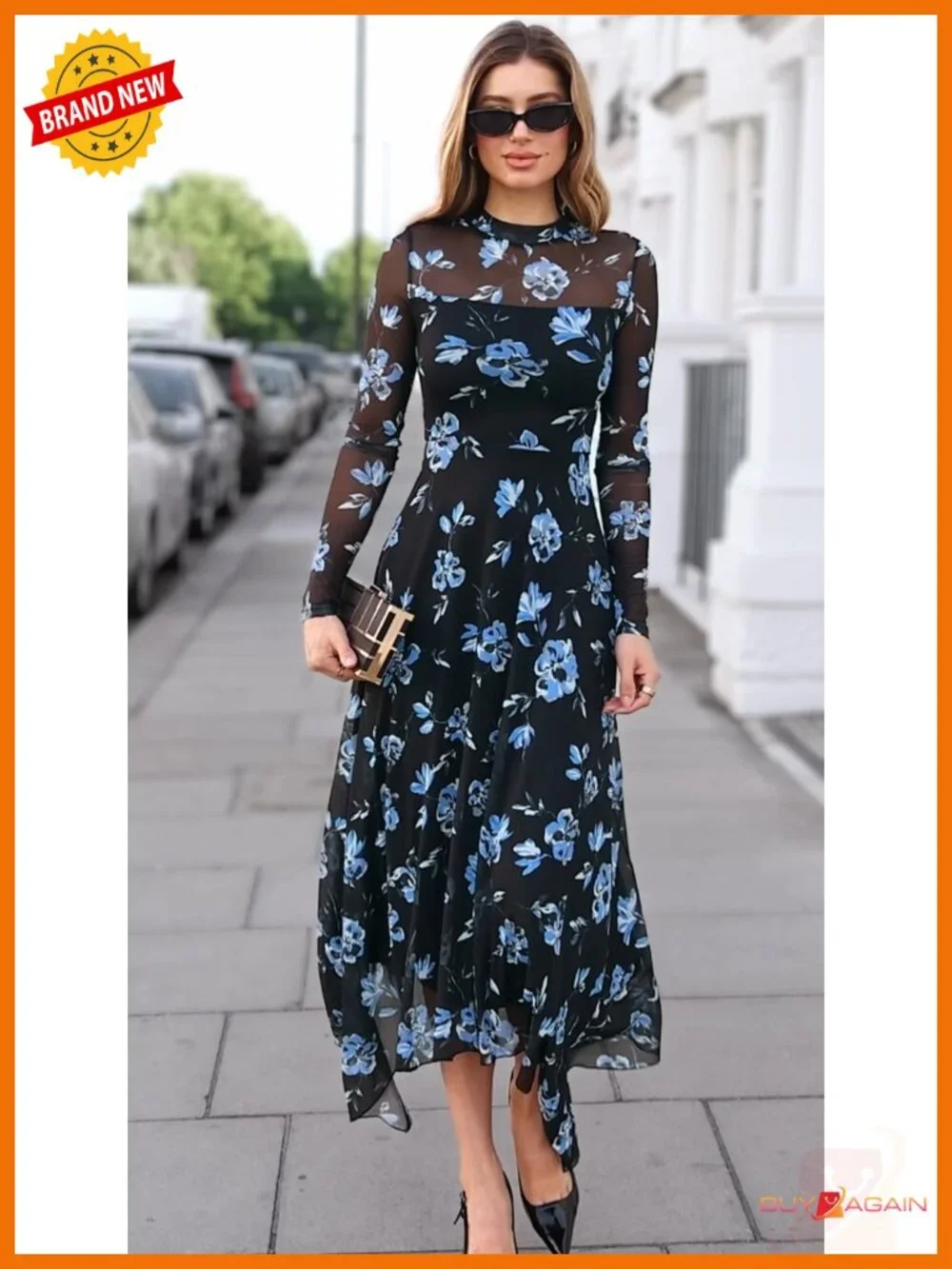 Women's Floral Mesh Midi Dress Long Sleeve Mock Neck Fit & Flare